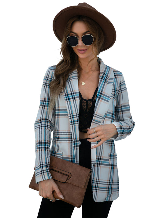 Chaqueta tipo blazer a cuadros con abertura frontal para mujer de Anna-Kaci, abrigo de manga larga con bolsillos frontales simulados, atuendo formal de trabajo