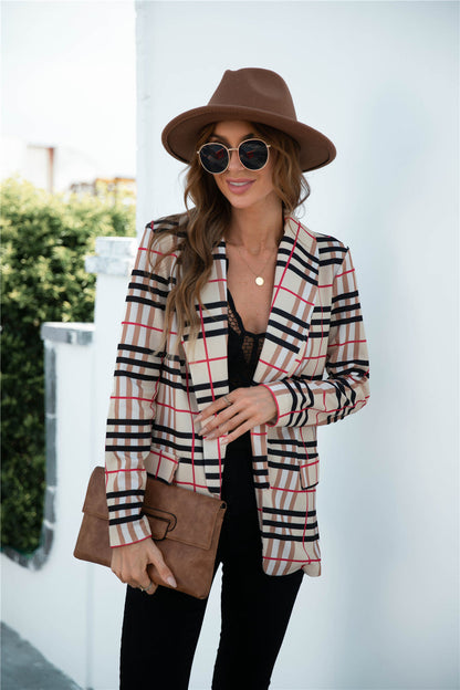 Anna-Kaci Women's Open Front Plaid Blazer Coat Jacket Long Sleeve Mock Front Pockets Formal Work Attire