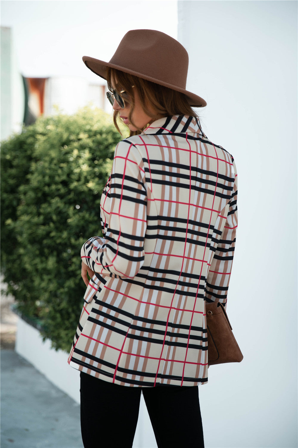 Chaqueta tipo blazer a cuadros con abertura frontal para mujer de Anna-Kaci, abrigo de manga larga con bolsillos frontales simulados, atuendo formal de trabajo