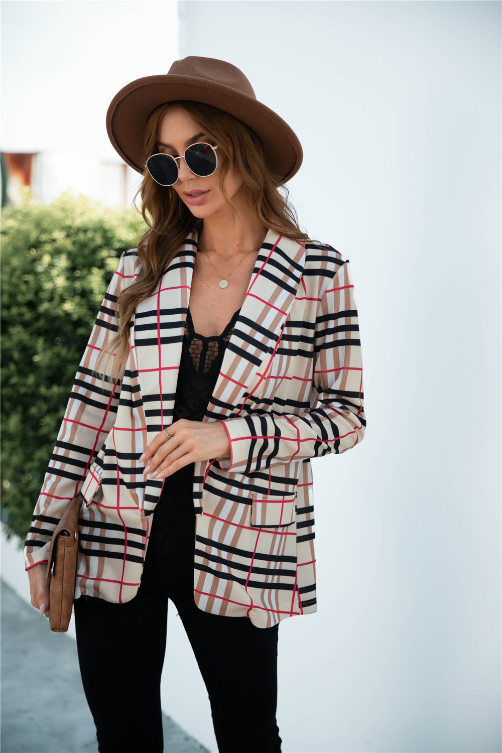 Chaqueta tipo blazer a cuadros con abertura frontal para mujer de Anna-Kaci, abrigo de manga larga con bolsillos frontales simulados, atuendo formal de trabajo