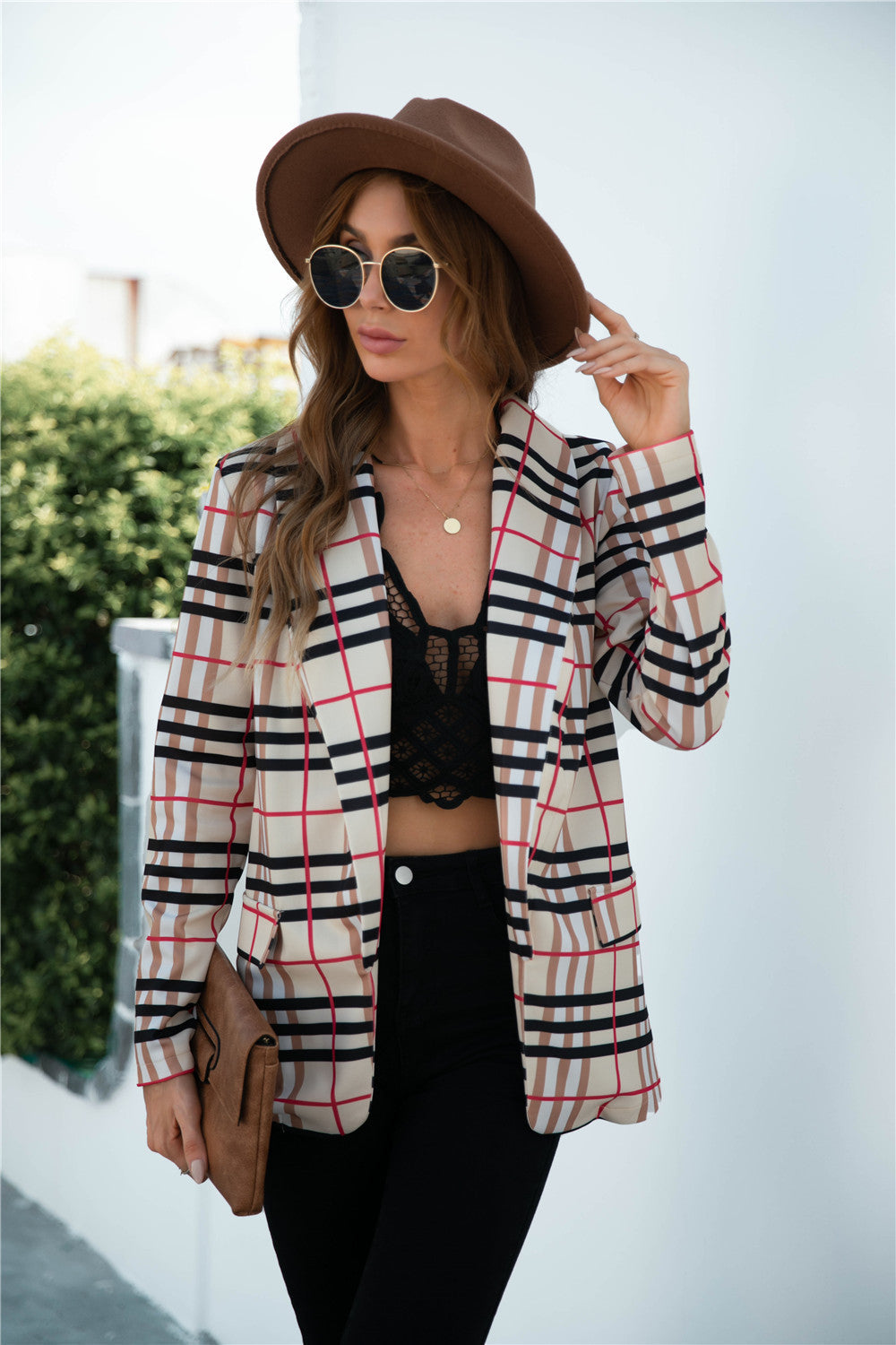 Chaqueta tipo blazer a cuadros con abertura frontal para mujer de Anna-Kaci, abrigo de manga larga con bolsillos frontales simulados, atuendo formal de trabajo