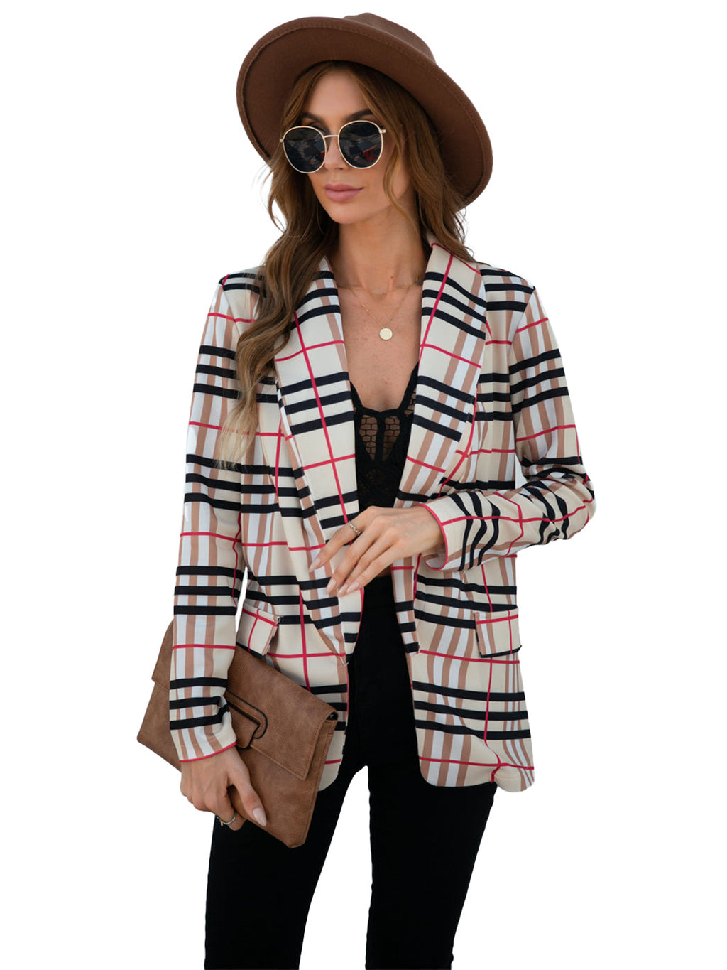 Chaqueta tipo blazer a cuadros con abertura frontal para mujer de Anna-Kaci, abrigo de manga larga con bolsillos frontales simulados, atuendo formal de trabajo