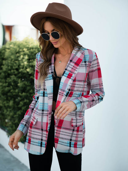 Anna-Kaci Women's Open Front Plaid Blazer Coat Jacket Long Sleeve Mock Front Pockets Formal Work Attire
