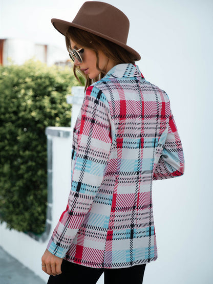 Anna-Kaci Women's Open Front Plaid Blazer Coat Jacket Long Sleeve Mock Front Pockets Formal Work Attire