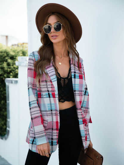 Anna-Kaci Women's Open Front Plaid Blazer Coat Jacket Long Sleeve Mock Front Pockets Formal Work Attire