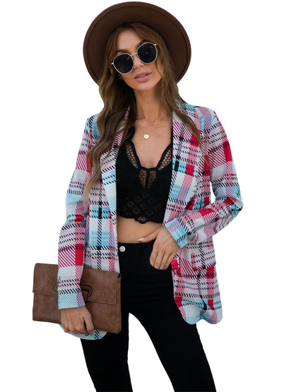 Anna-Kaci Women's Open Front Plaid Blazer Coat Jacket Long Sleeve Mock Front Pockets Formal Work Attire