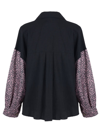 Anna-Kaci Women's Contrast Leopard Button Down Denim Shirts Long Sleeve Boyfriend Light Jacket with Two Pockets