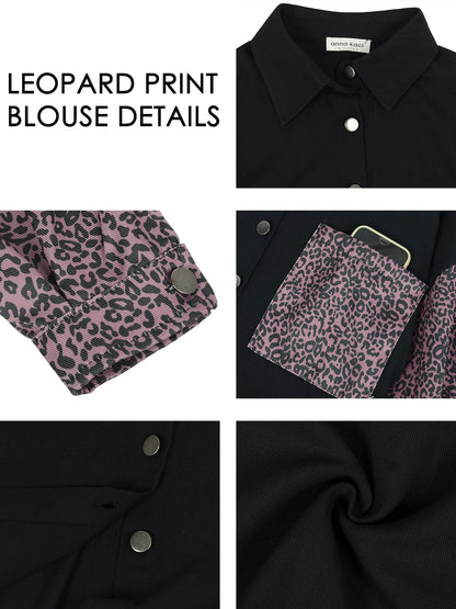 Anna-Kaci Women's Contrast Leopard Button Down Denim Shirts Long Sleeve Boyfriend Light Jacket with Two Pockets