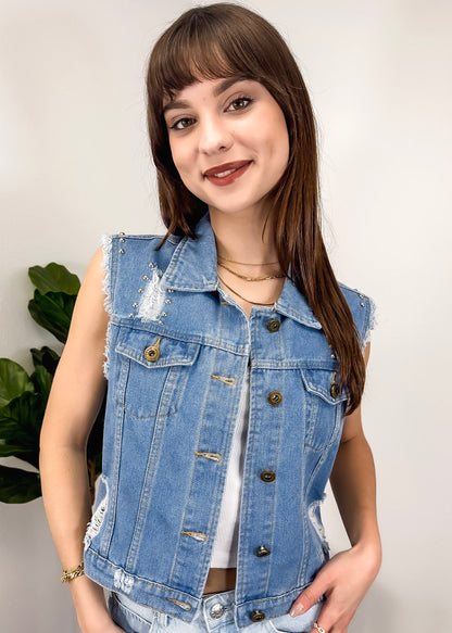 Sleeveless Distressed Denim Jean Jacket Vest