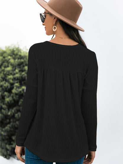 Blusa babydoll con cuello en V y mangas largas de punto gofre con volantes para mujer de Anna-Kaci