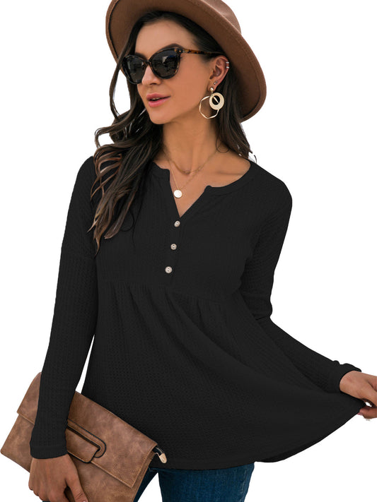 Blusa babydoll con cuello en V y mangas largas de punto gofre con volantes para mujer de Anna-Kaci