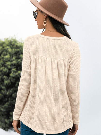 Blusa babydoll con cuello en V y mangas largas de punto gofre con volantes para mujer de Anna-Kaci