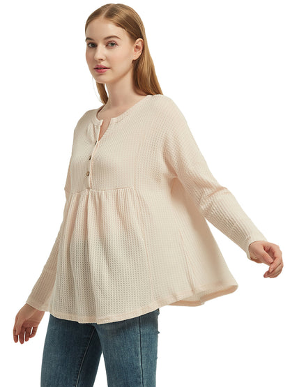 Blusa babydoll con cuello en V y mangas largas de punto gofre con volantes para mujer de Anna-Kaci