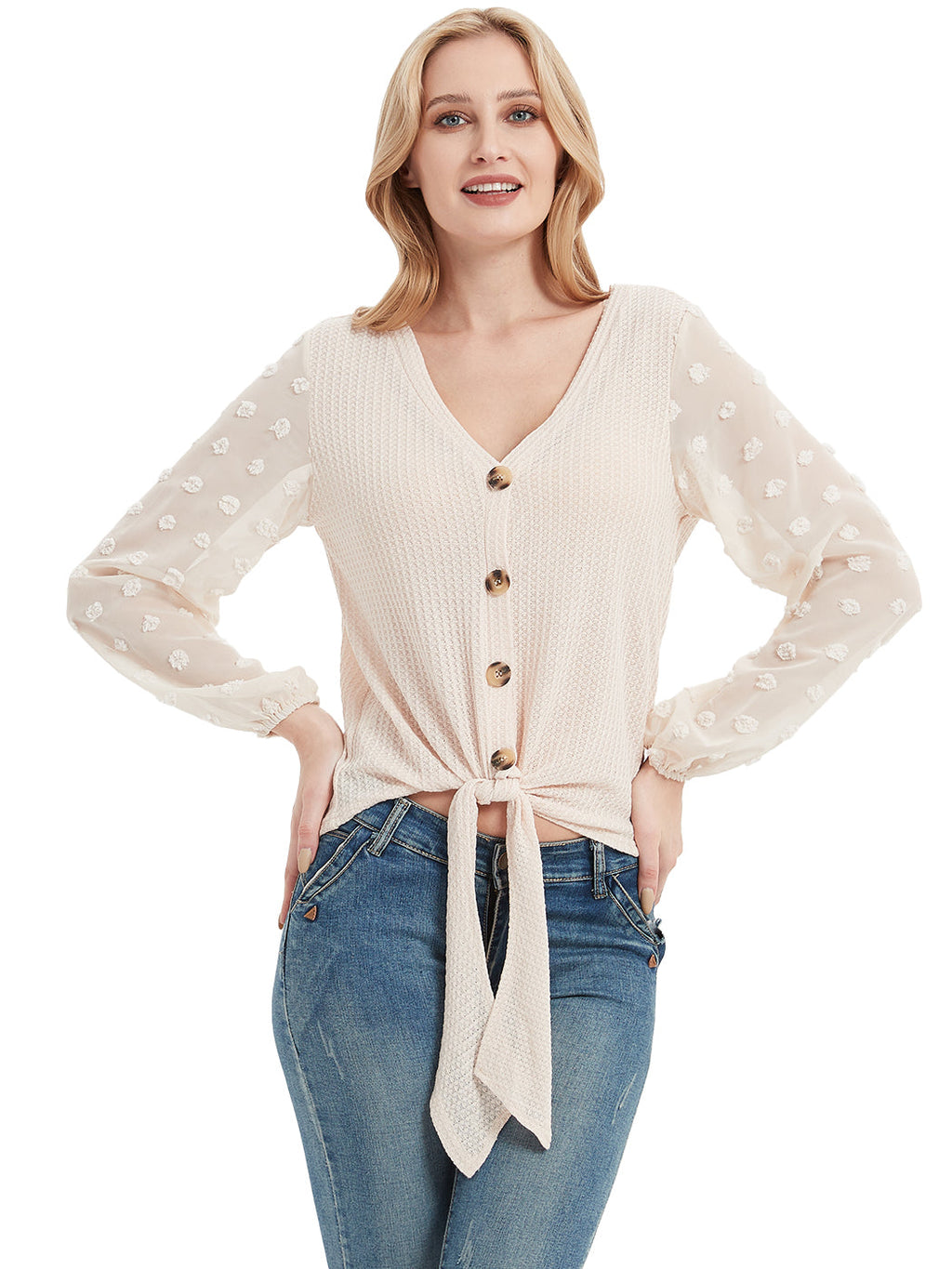 Cárdigan de punto gofre para mujer de Anna-Kaci Camisas lisas de manga larga con botones y nudo anudado