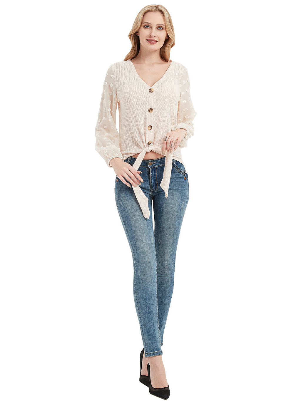 Cárdigan de punto gofre para mujer de Anna-Kaci Camisas lisas de manga larga con botones y nudo anudado