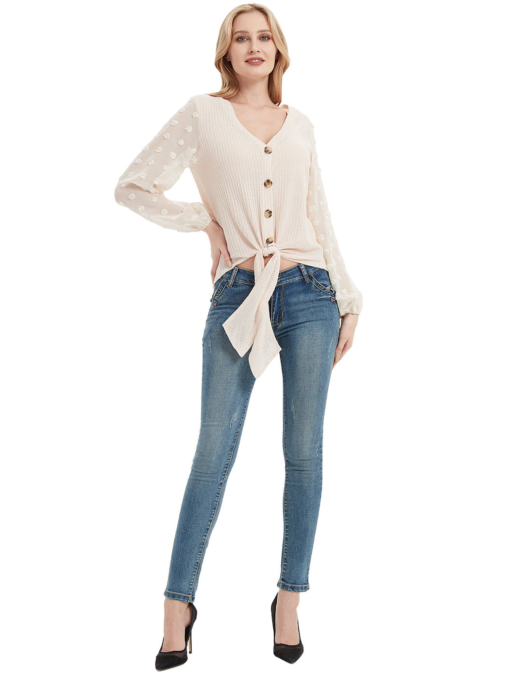 Cárdigan de punto gofre para mujer de Anna-Kaci Camisas lisas de manga larga con botones y nudo anudado