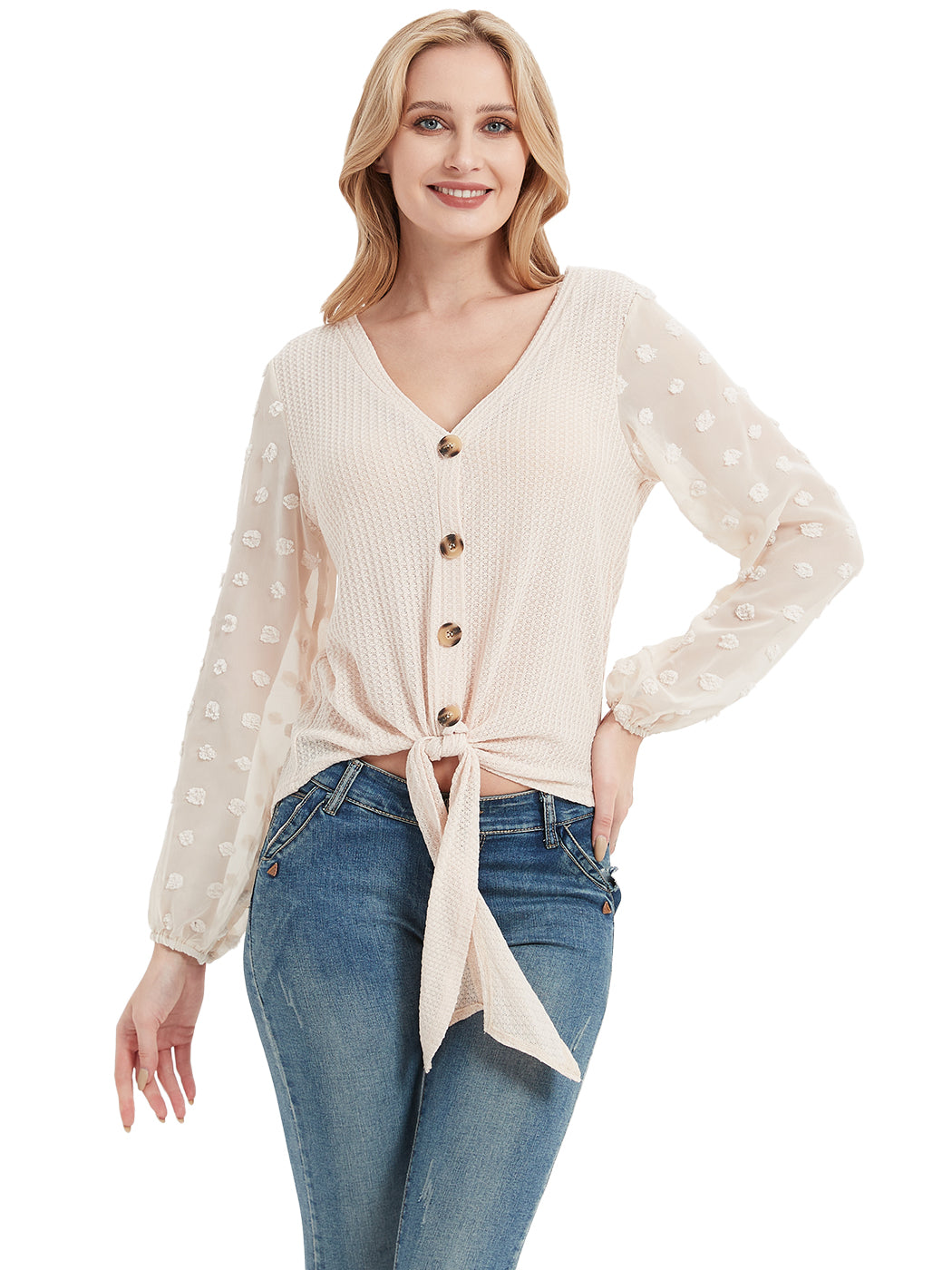 Cárdigan de punto gofre para mujer de Anna-Kaci Camisas lisas de manga larga con botones y nudo anudado