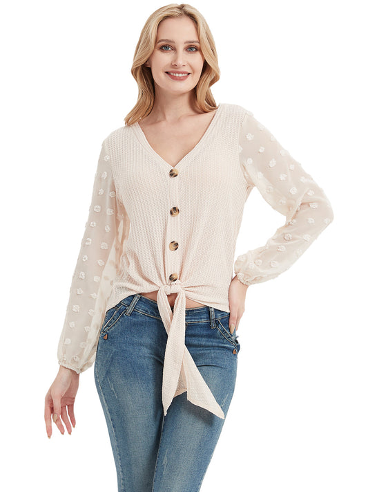 Anna-Kaci Women's Waffle Knit Cardigans Swiss Dot Long Sleeve Button Down Tie Knot Plain Shirts