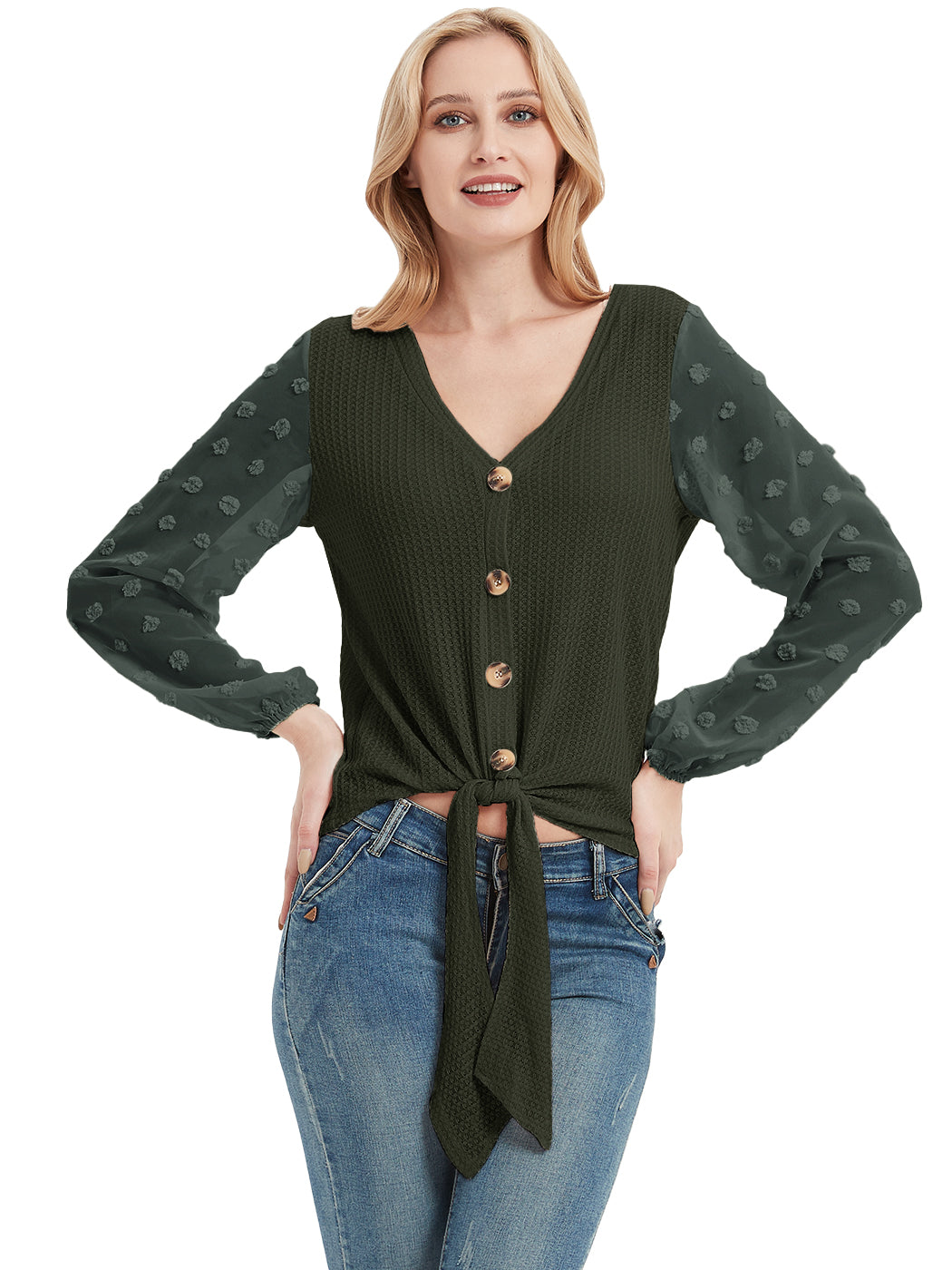 Anna-Kaci Women's Waffle Knit Cardigans Swiss Dot Long Sleeve Button Down Tie Knot Plain Shirts