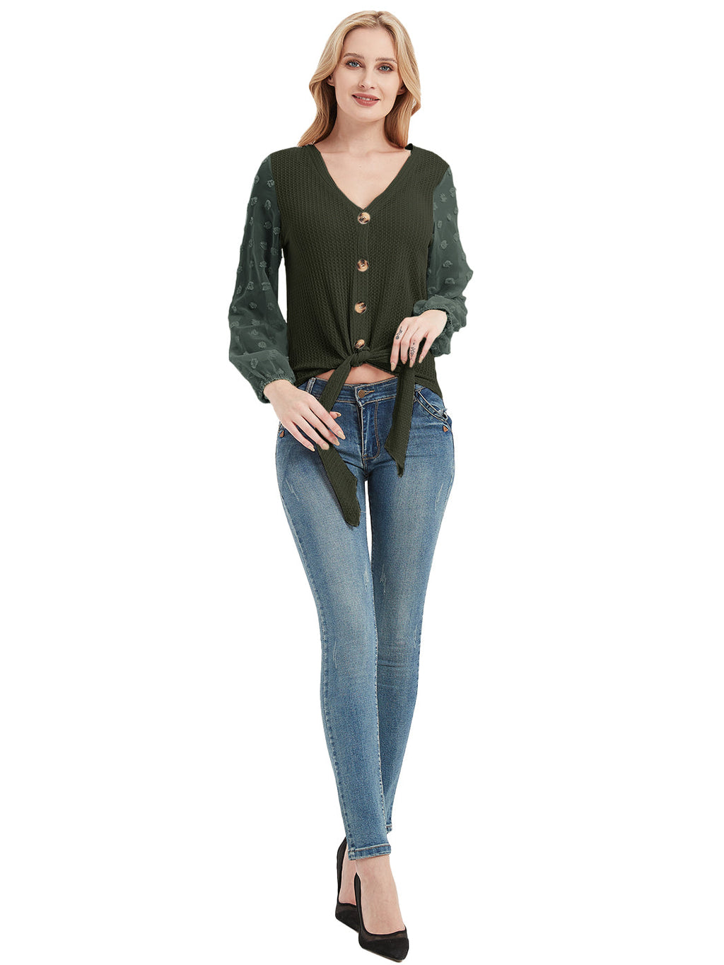 Cárdigan de punto gofre para mujer de Anna-Kaci Camisas lisas de manga larga con botones y nudo anudado