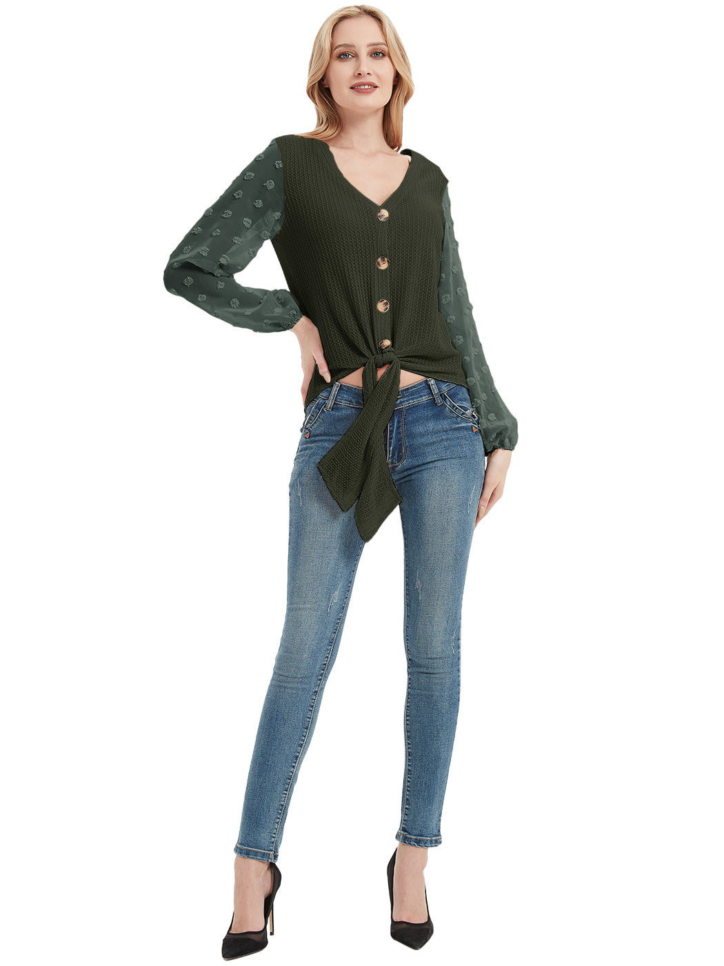Cárdigan de punto gofre para mujer de Anna-Kaci Camisas lisas de manga larga con botones y nudo anudado