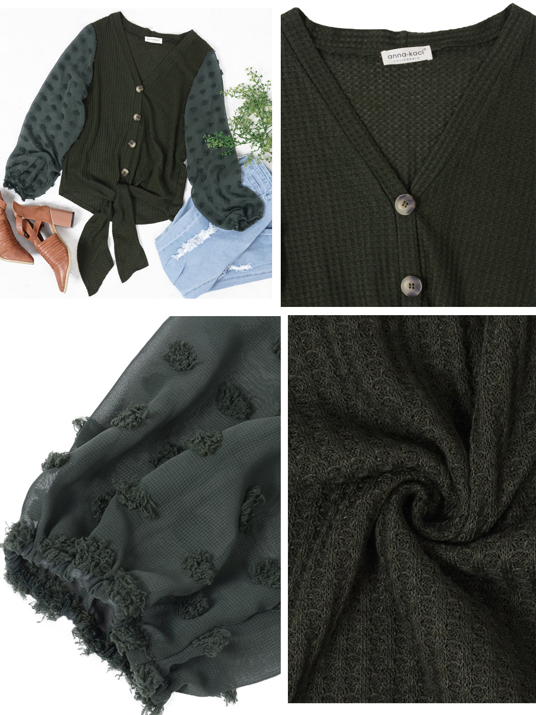 Anna-Kaci Women's Waffle Knit Cardigans Swiss Dot Long Sleeve Button Down Tie Knot Plain Shirts