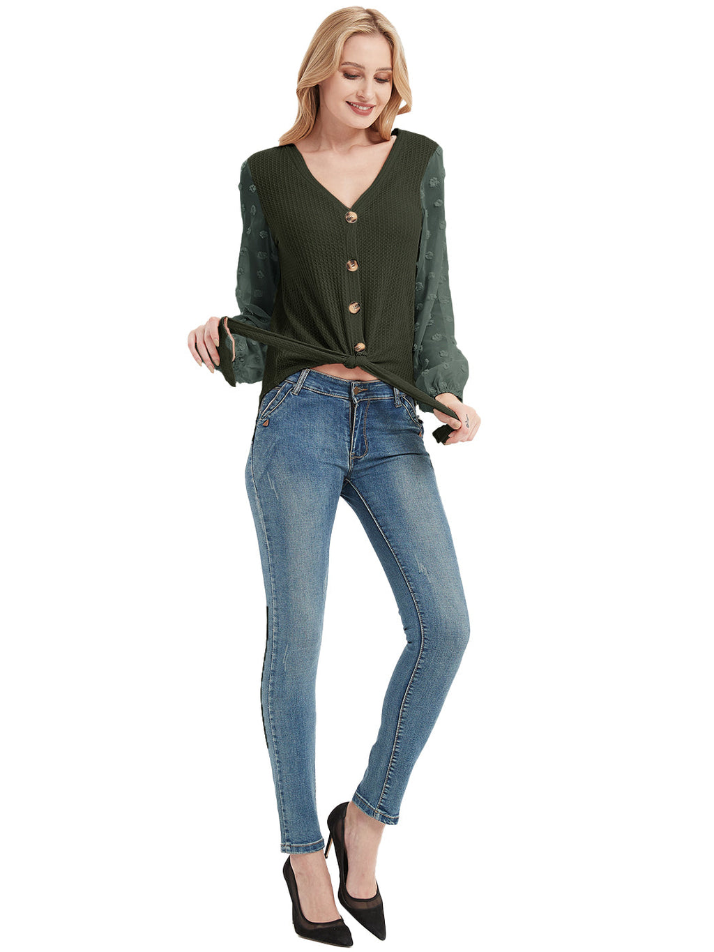 Cárdigan de punto gofre para mujer de Anna-Kaci Camisas lisas de manga larga con botones y nudo anudado