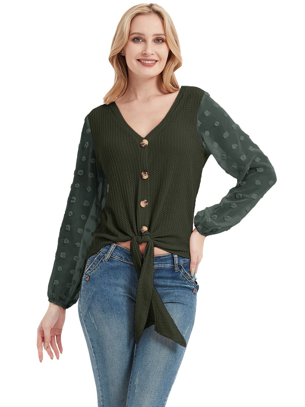 Anna-Kaci Women's Waffle Knit Cardigans Swiss Dot Long Sleeve Button Down Tie Knot Plain Shirts