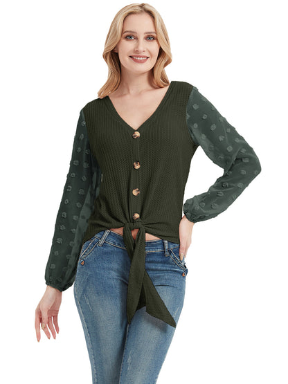 Anna-Kaci Women's Waffle Knit Cardigans Swiss Dot Long Sleeve Button Down Tie Knot Plain Shirts