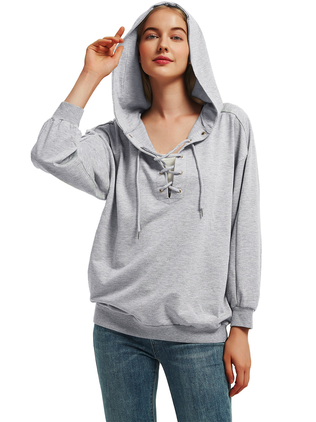 Anna-Kaci Women's Lace Up Criss Cross V Neck Hoodies Long