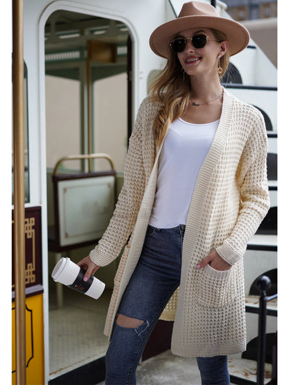 Anna-Kaci Women Solid Knit Long Sleeve Cardigan with Pockets, Open Front Lightweight Drop Shoulder Waffle Sweater Cover Up