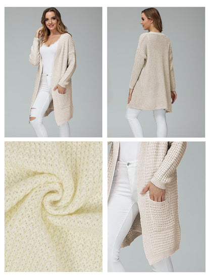 Anna-Kaci Women Solid Knit Long Sleeve Cardigan with Pockets, Open Front Lightweight Drop Shoulder Waffle Sweater Cover Up