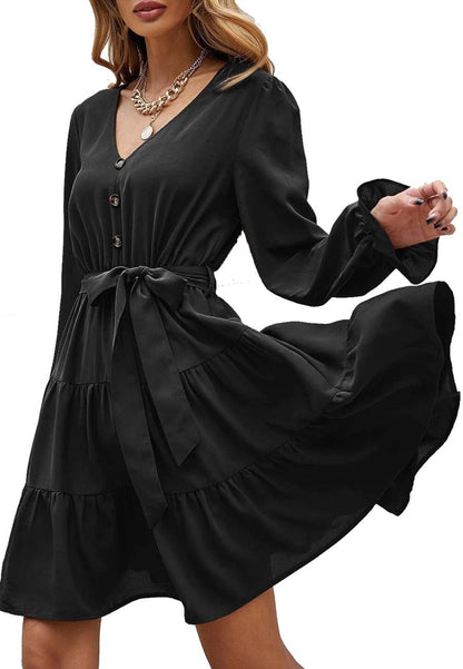 Vestido skater holgado de gasa con escote en V, mangas acampanadas elásticas largas y cinturón para mujer de Anna-Kaci