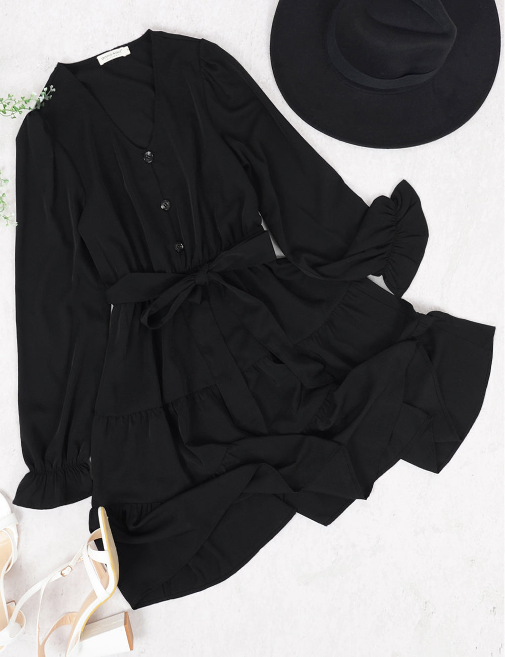 Vestido skater holgado de gasa con escote en V, mangas acampanadas elásticas largas y cinturón para mujer de Anna-Kaci