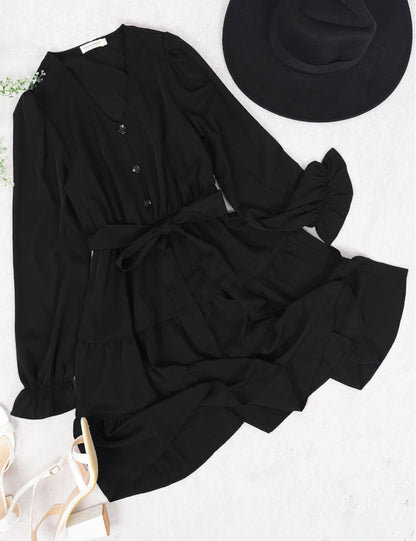 Vestido skater holgado de gasa con escote en V, mangas acampanadas elásticas largas y cinturón para mujer de Anna-Kaci
