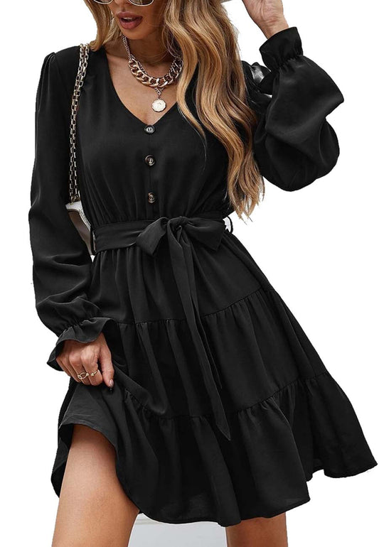 Vestido skater holgado de gasa con escote en V, mangas acampanadas elásticas largas y cinturón para mujer de Anna-Kaci