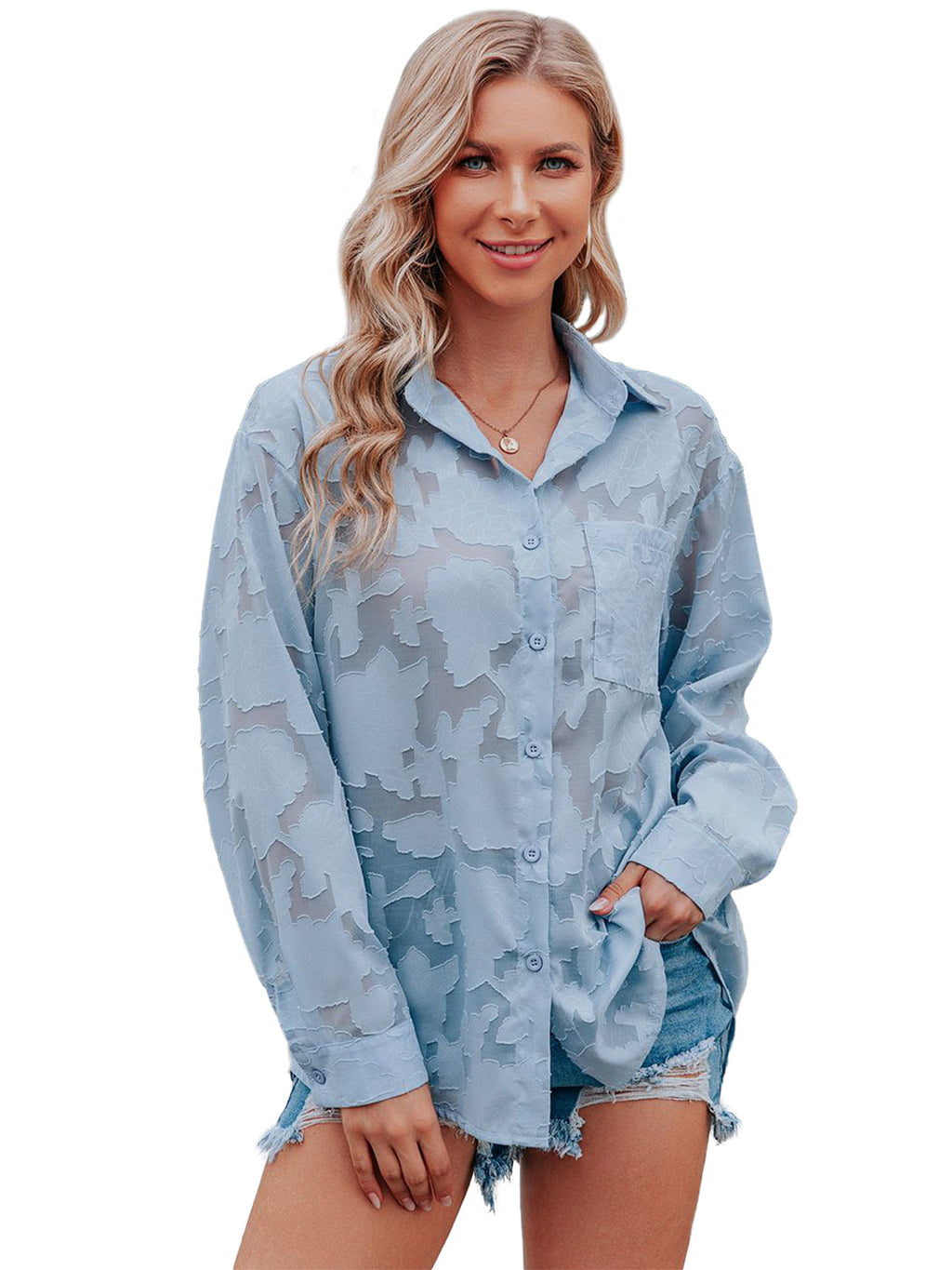 Blusa de gasa con estampado floral, mangas largas, cuello vuelto semitransparente y botones para mujer de Anna-Kaci