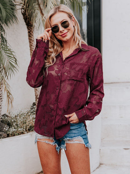 Anna-Kaci Women's Chiffon Floral Long Sleeves Semi Sheer Turndown Collar Button Down Blouse Shirt