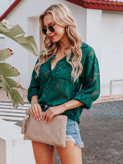 Anna-Kaci Women's Chiffon Floral Long Sleeves Semi Sheer Turndown Collar Button Down Blouse Shirt