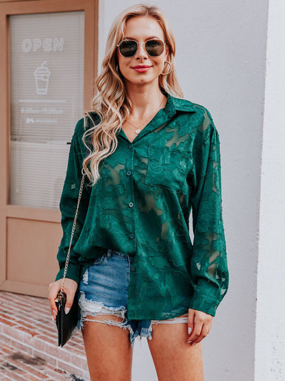 Anna-Kaci Women's Chiffon Floral Long Sleeves Semi Sheer Turndown Collar Button Down Blouse Shirt