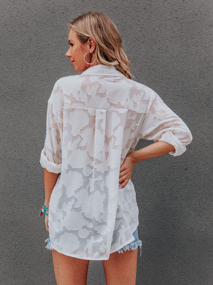 Anna-Kaci Women's Chiffon Floral Long Sleeves Semi Sheer Turndown Collar Button Down Blouse Shirt