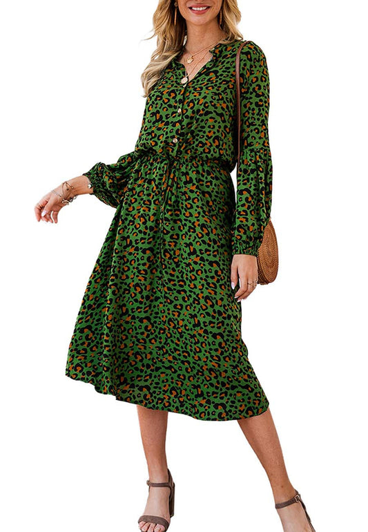 Vestido midi con cintura con lazo y mangas largas tipo farol con estampado de leopardo de Anna-Kaci para mujer