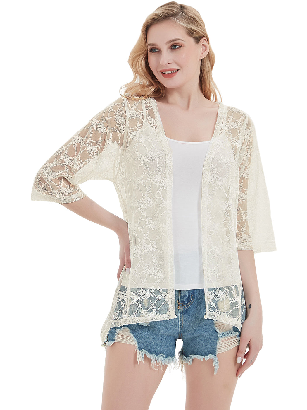 Cárdigan tipo kimono bohemio con encaje transparente 