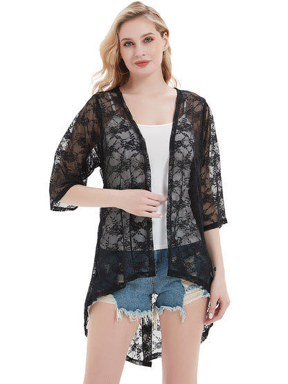 Cárdigan tipo kimono bohemio con encaje transparente 