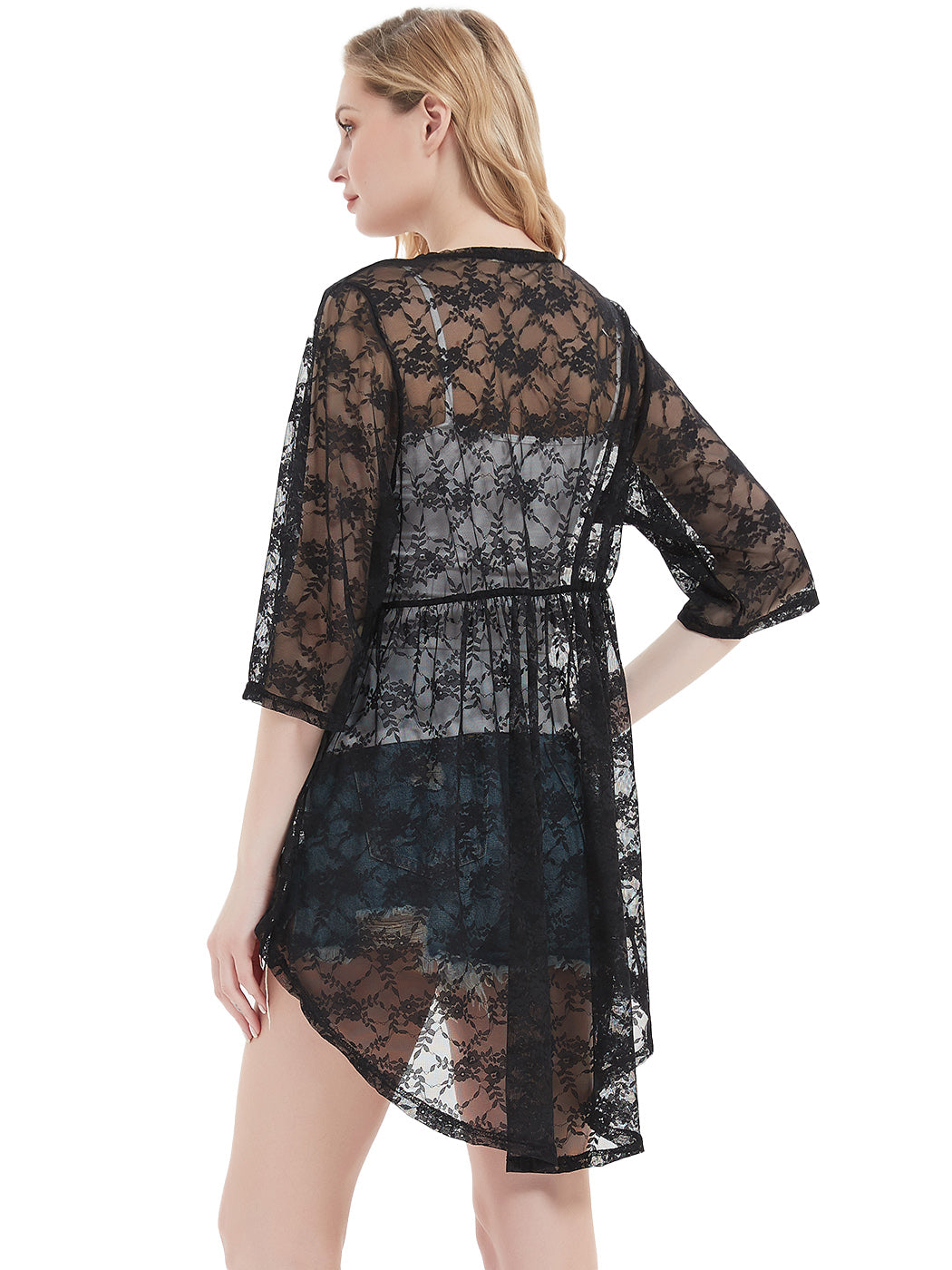 Cárdigan tipo kimono bohemio con encaje transparente 