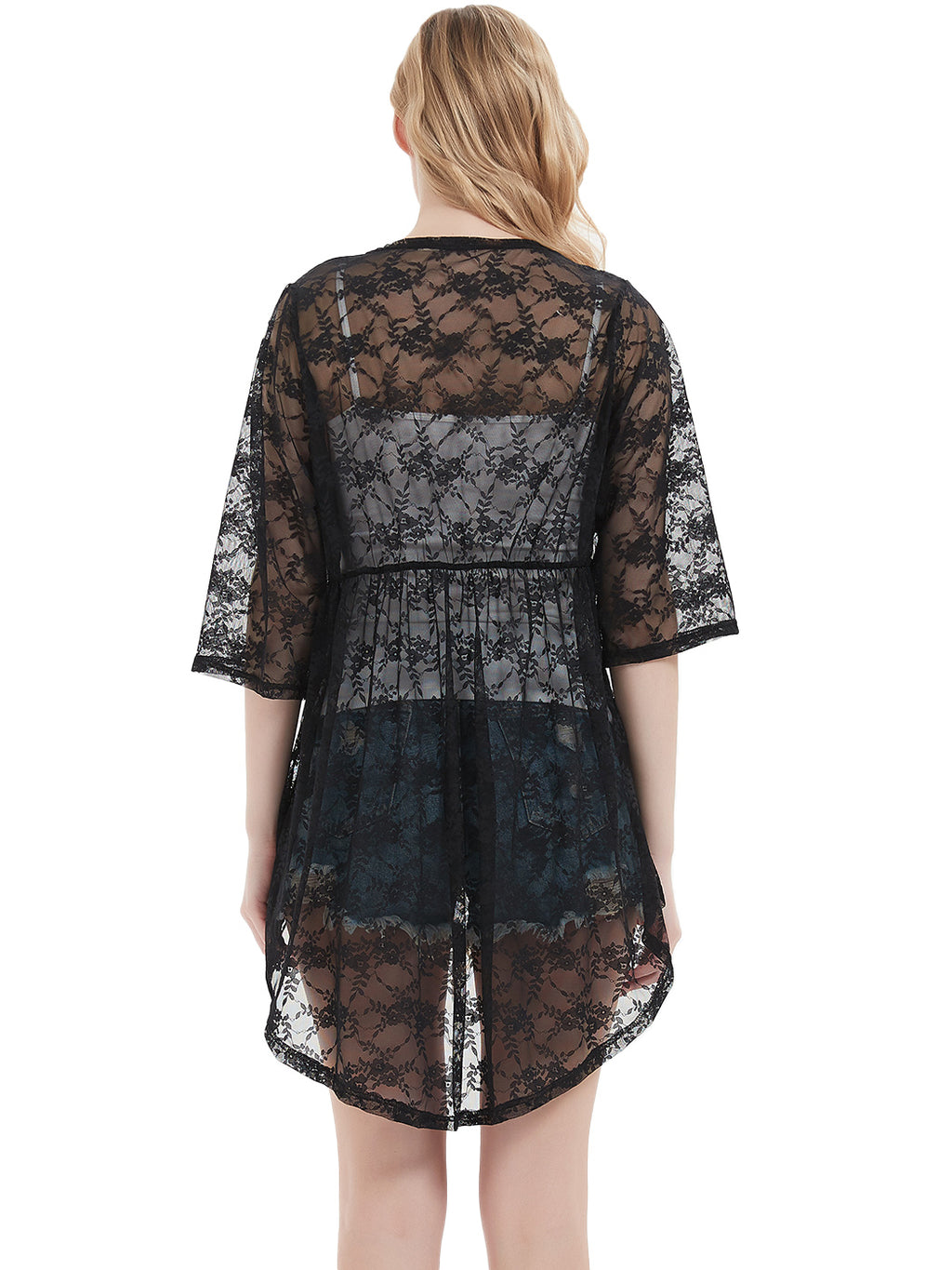 Cárdigan tipo kimono bohemio con encaje transparente 