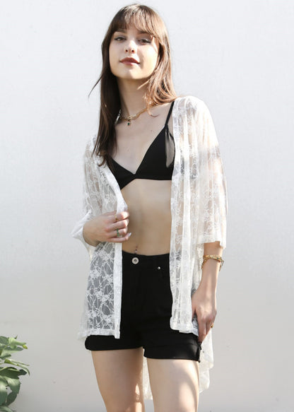 Cárdigan tipo kimono bohemio con encaje transparente 