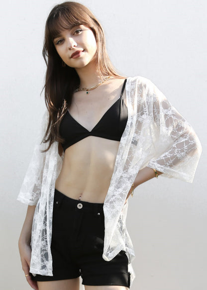Cárdigan tipo kimono bohemio con encaje transparente 
