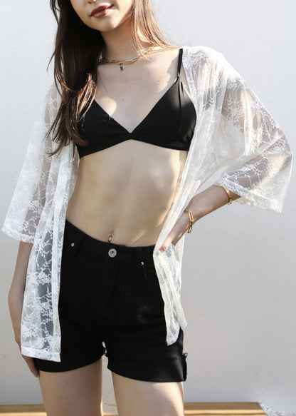 Cárdigan tipo kimono bohemio con encaje transparente 