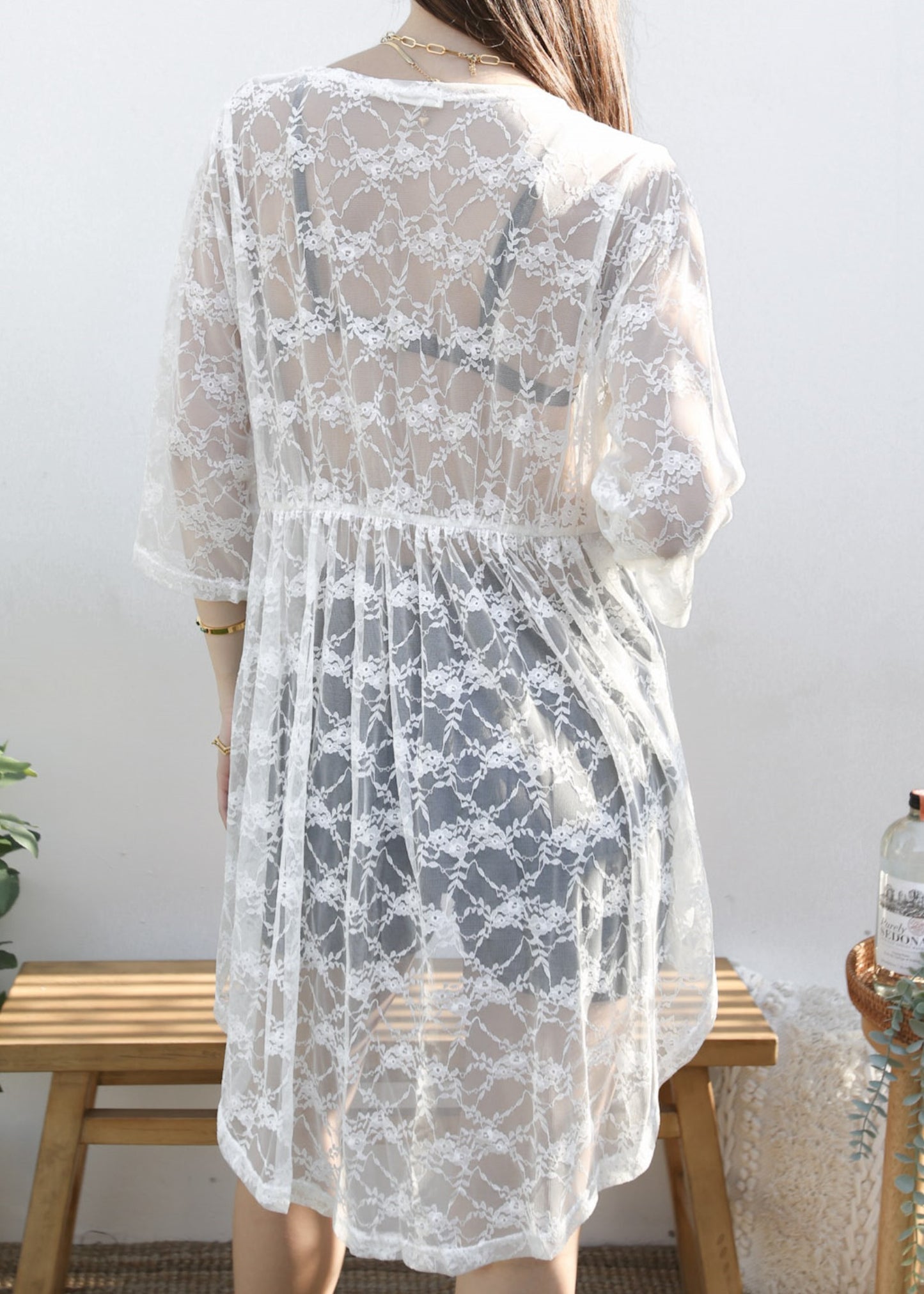 Cárdigan tipo kimono bohemio con encaje transparente 